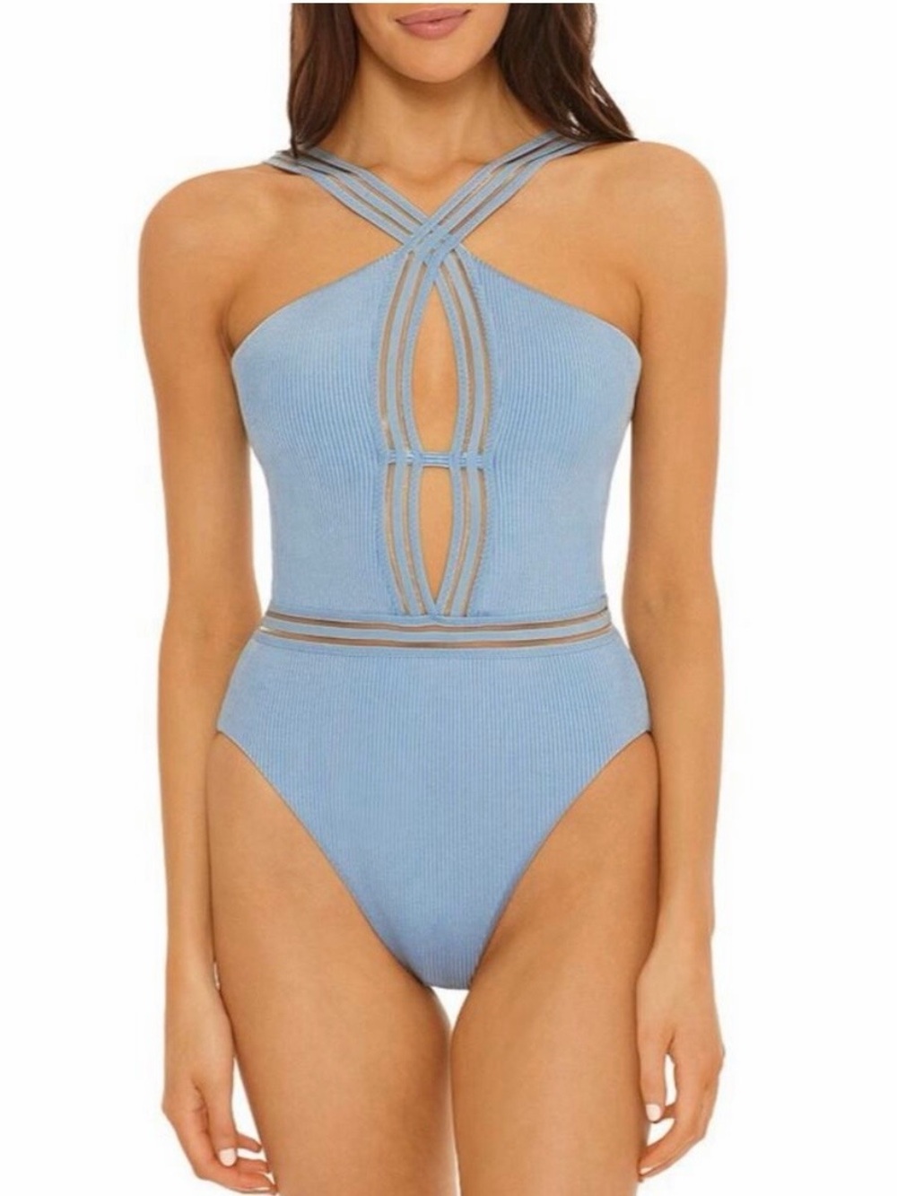 Ribbed Sky Blue One-Piece Swimsuit with Crisscross Straps